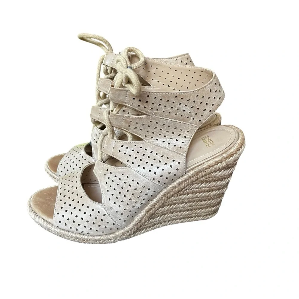 Johnston & Murphy taupe perforated leather wedge espadrille lace up sandals 10